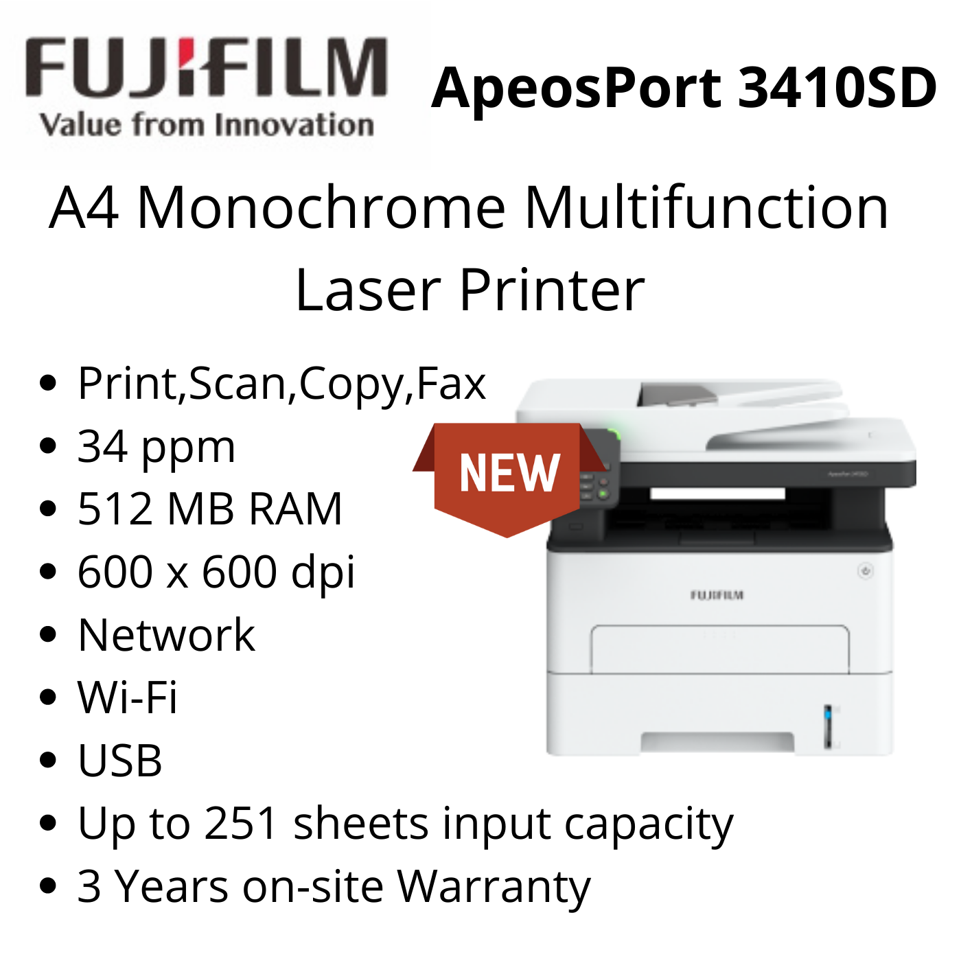 {NEW MODEL} Fujifilm formerly Fuji Xerox, ApeosPort 3410SD A4 Monochrome Multifunction Laser Printer (Print, Scan, Copy, Fax)